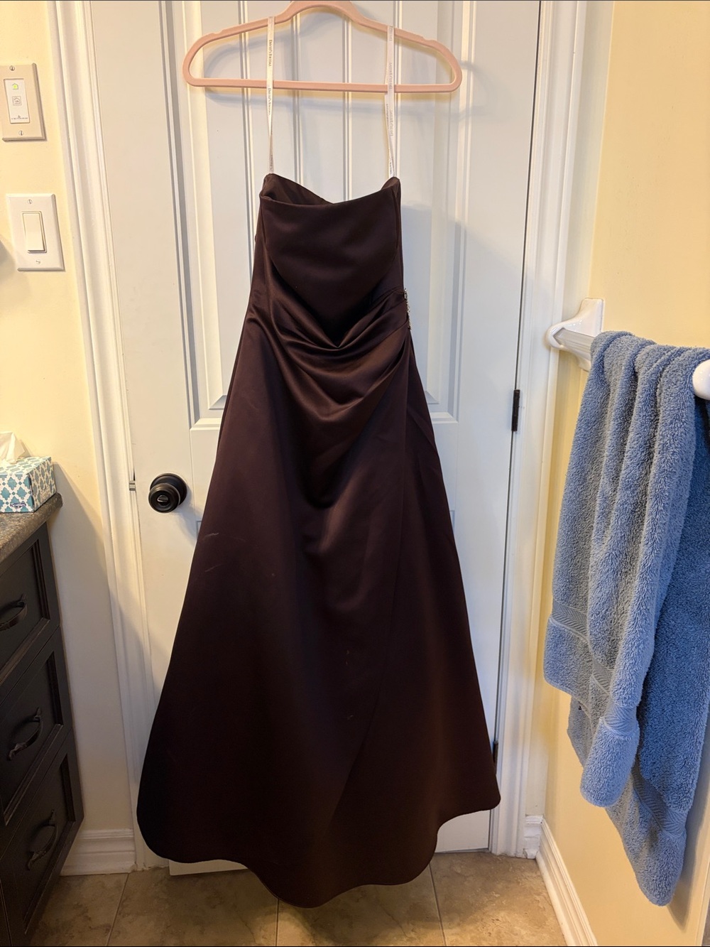 David's Bridal Strapless Satin Gown in Dark Brown